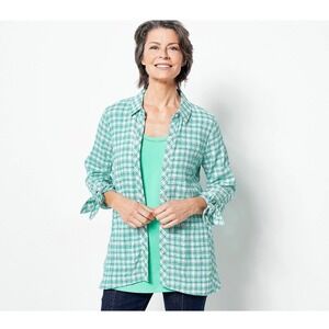 Susan Graver Weekend Green White‎ Plaid Button Down Shirt Tie Cuff Size M